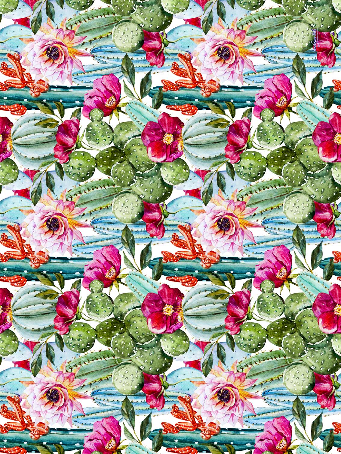 Tovaglia decori Cactus e Fiori Fucsia